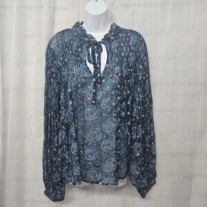 SEA New York Positano Ocean Pintuck Floral Metallic Peasant Blouse Top L